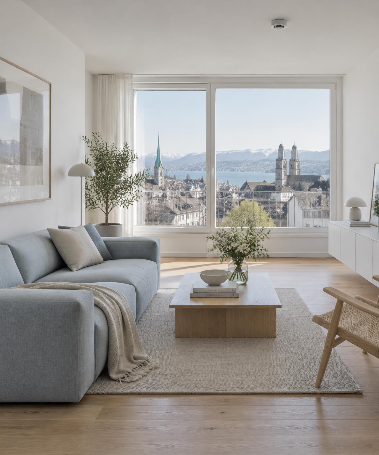 Helles, ruhiges Wohnzimmer mit Blick über Zürich und dezentem Rauchmelder an der Decke