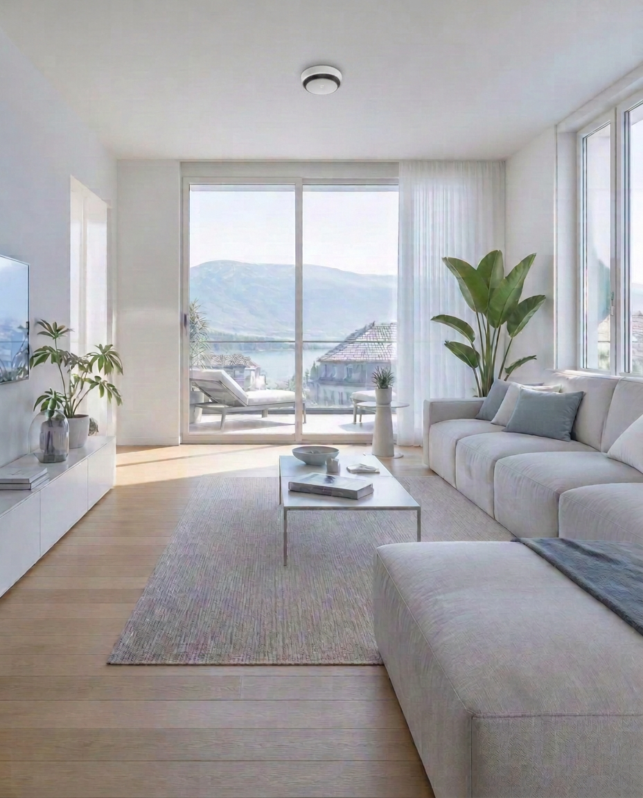 Helles, modernes Schweizer Wohnzimmer mit Blick auf See und Berge